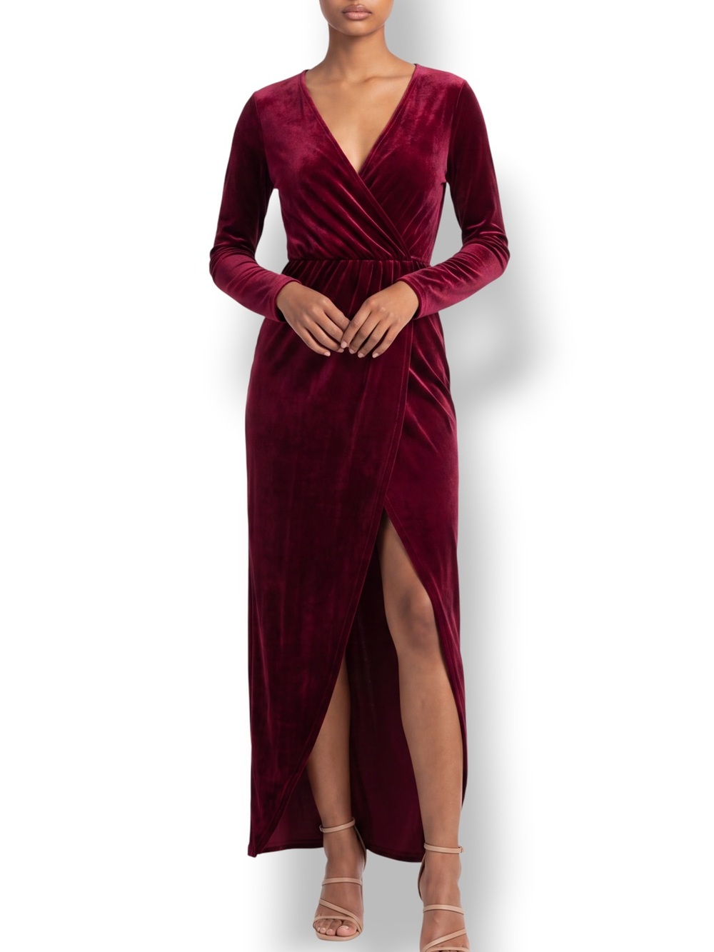 K TOO Burgundy Red Velvet Wrap Maxi Dress Long Sleeve Size Medium